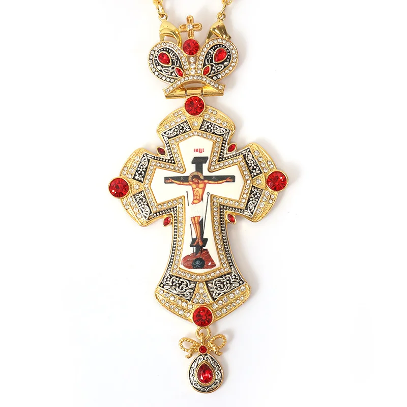 Luxury Greek Gold Plated Alloy Orthodox Pendant Gunmetal Russian Pectoral Cross with Jesus Icon Necklace for Priest