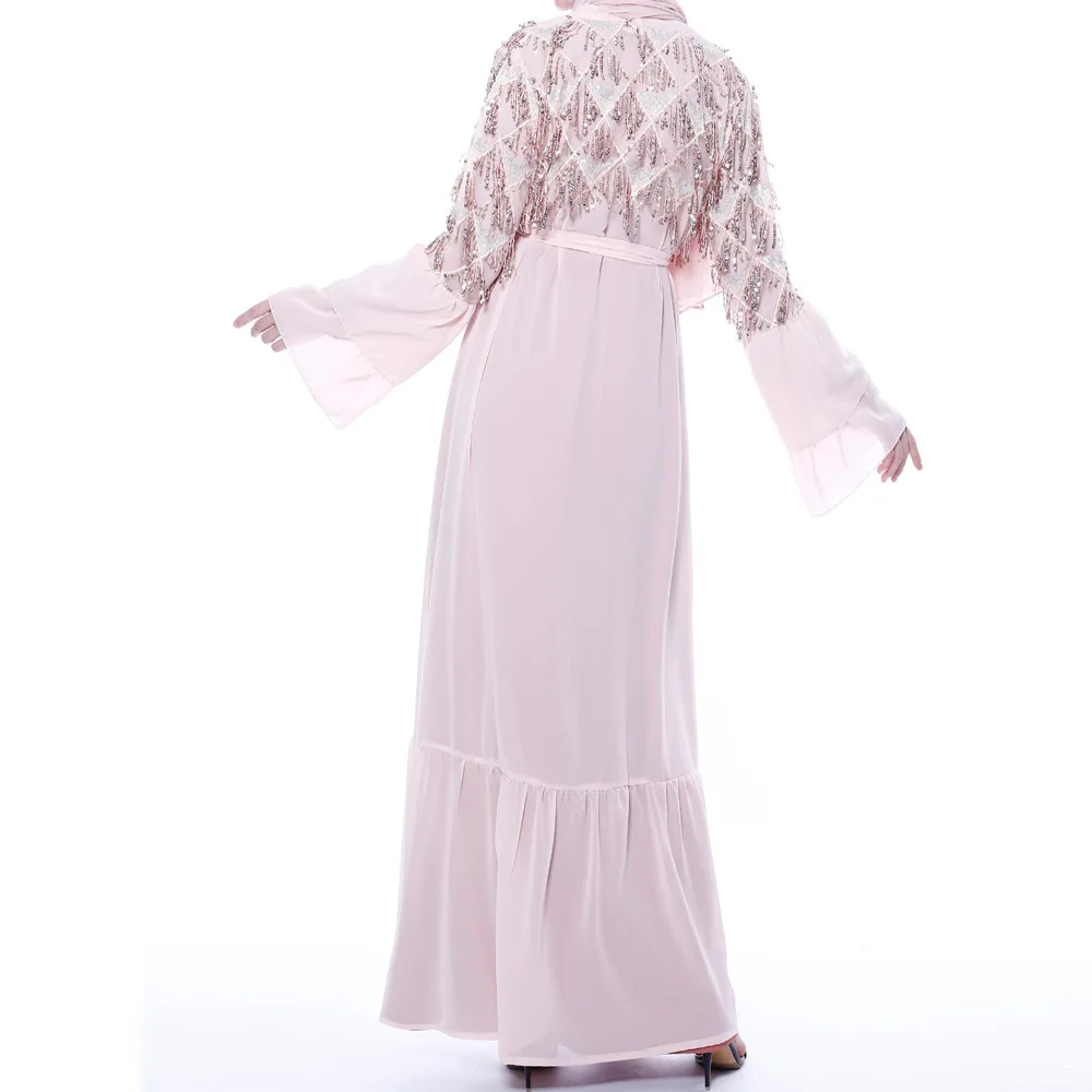 2023 wholesale islamic clothing sequin tassel chiffon with flared long sleeves for women muslim dress abaya