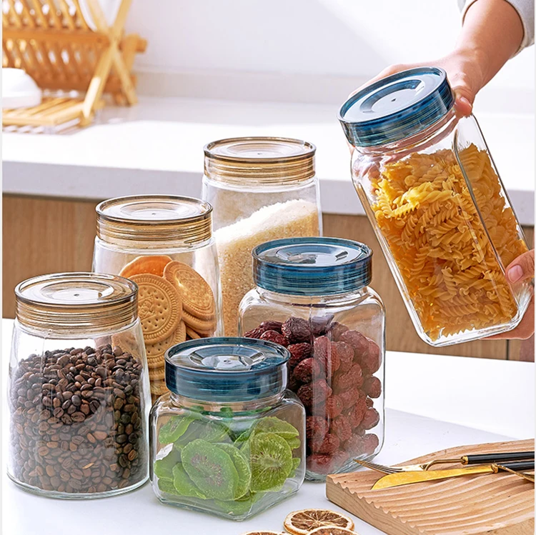 customized size glass food storage jar containers transparent glass spice jar with airtight silicone plastic lid