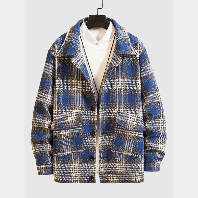 Oversize Thicken Plaid Checked Worsted Wrap Placket Stylish Button-down Blend Wool Coat Plaid Pattern Pockets Jacket Trench Coat