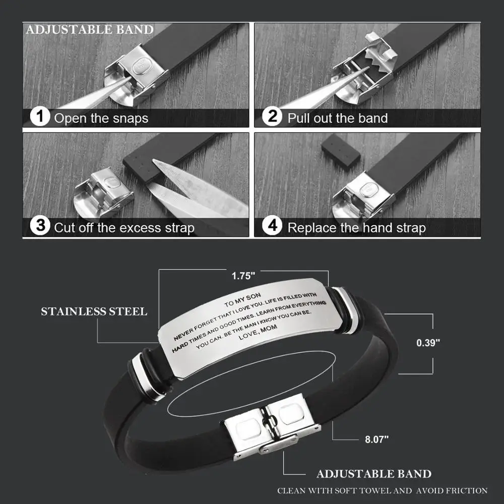 GJB141 Classic to my son message accessories plain custom 316l stainless steel hand bracelet silicone wristband rubber religious