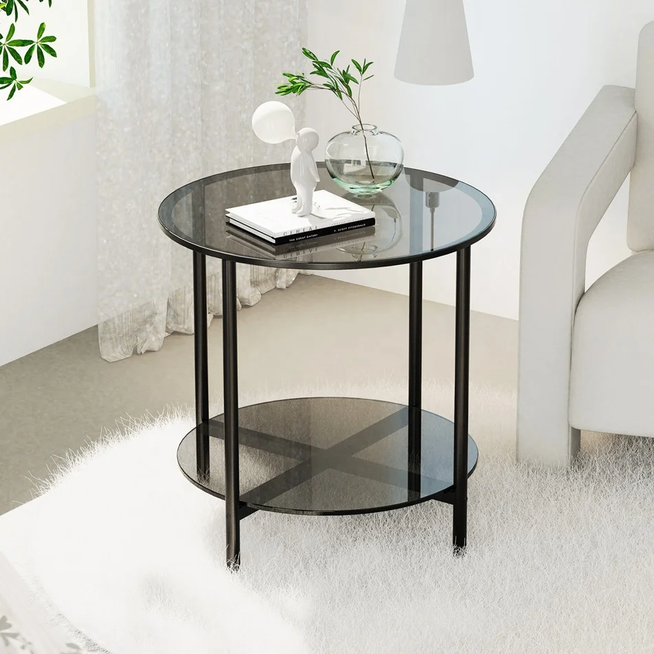 Unique Black Tempered Glass Table Round Sofa Side Coffee Table Living Room Coffee Table