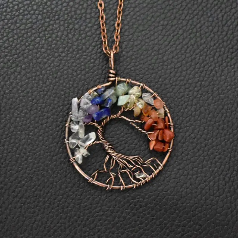7 Chakra Energy Crystal Pendant Necklace Natural Gemstone Stone Copper Wire Wrapped Healing Crystal Wisdom Life Tree Pendant