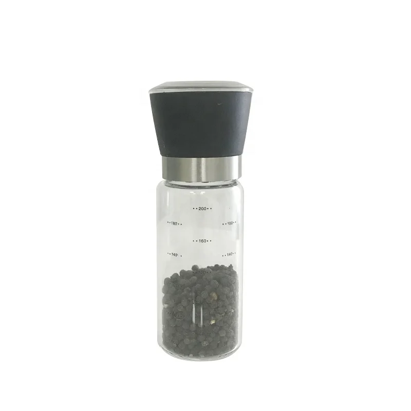 Best price wholesale 200 ml round hand-operated glass black plastic pepper grinder mill