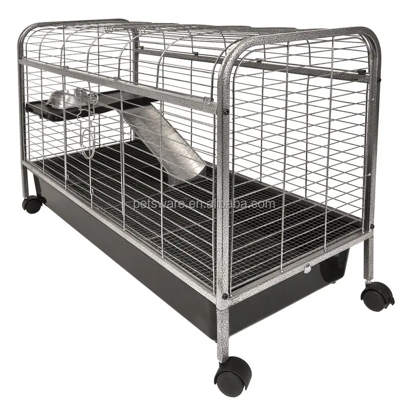 Luxury Small Animal Cage Guinea Pig &  Rabbit Cage with Feeder, Rolling Wheels, Platform, Ramp