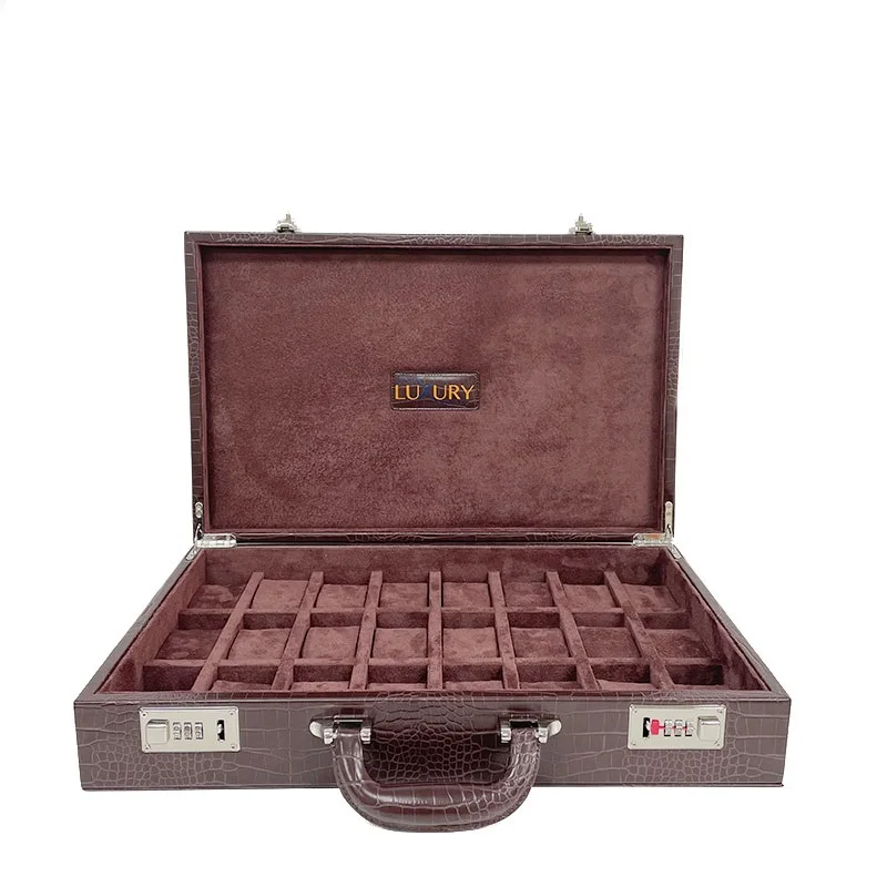 24 Slot Brown Alligator Crocodile PU Leather Watch Display Storage Briefcase Box with Password Lock