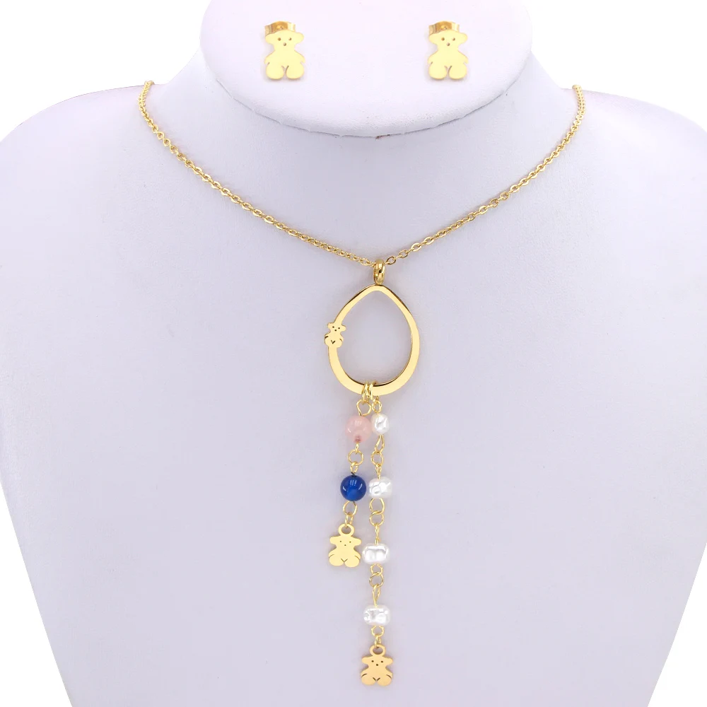 Fashion Stainless Steel Gold Bear Design Gemstone Jewellery guangzhou Jewellery Set