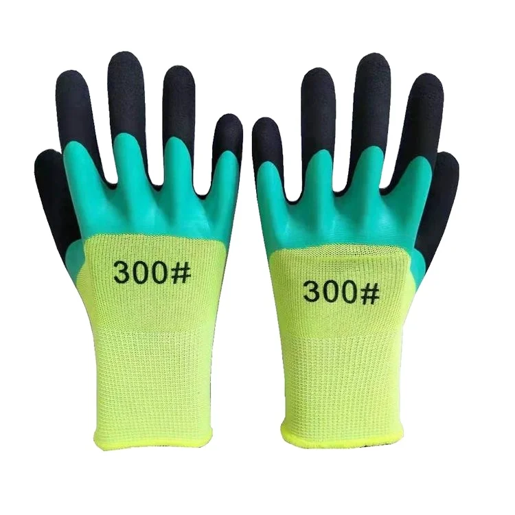 China made polyester Knitted green half latex coated Gloves with black finger