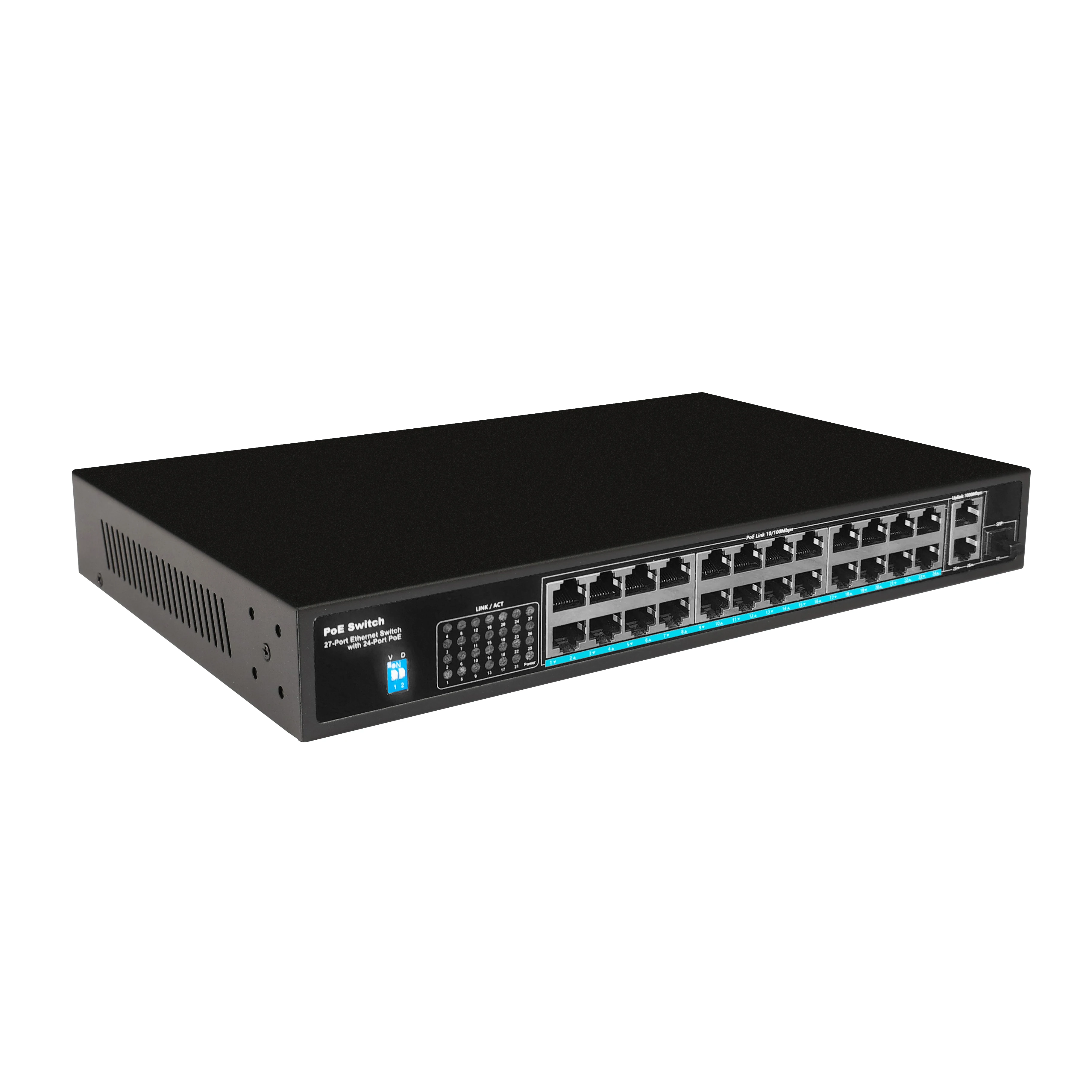 24 port poe ethernet switch 24*10/100M+2*1000M RJ45 port+1*1000M SFP port Unmanaged PoE Switch 15.4W/LAN
