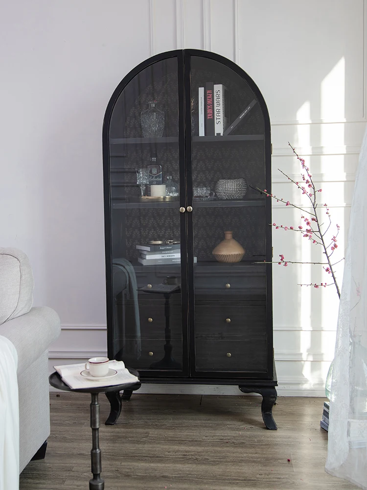 Classic Retro Arched Home Furniture Black Wood Glass Arch Cabinet