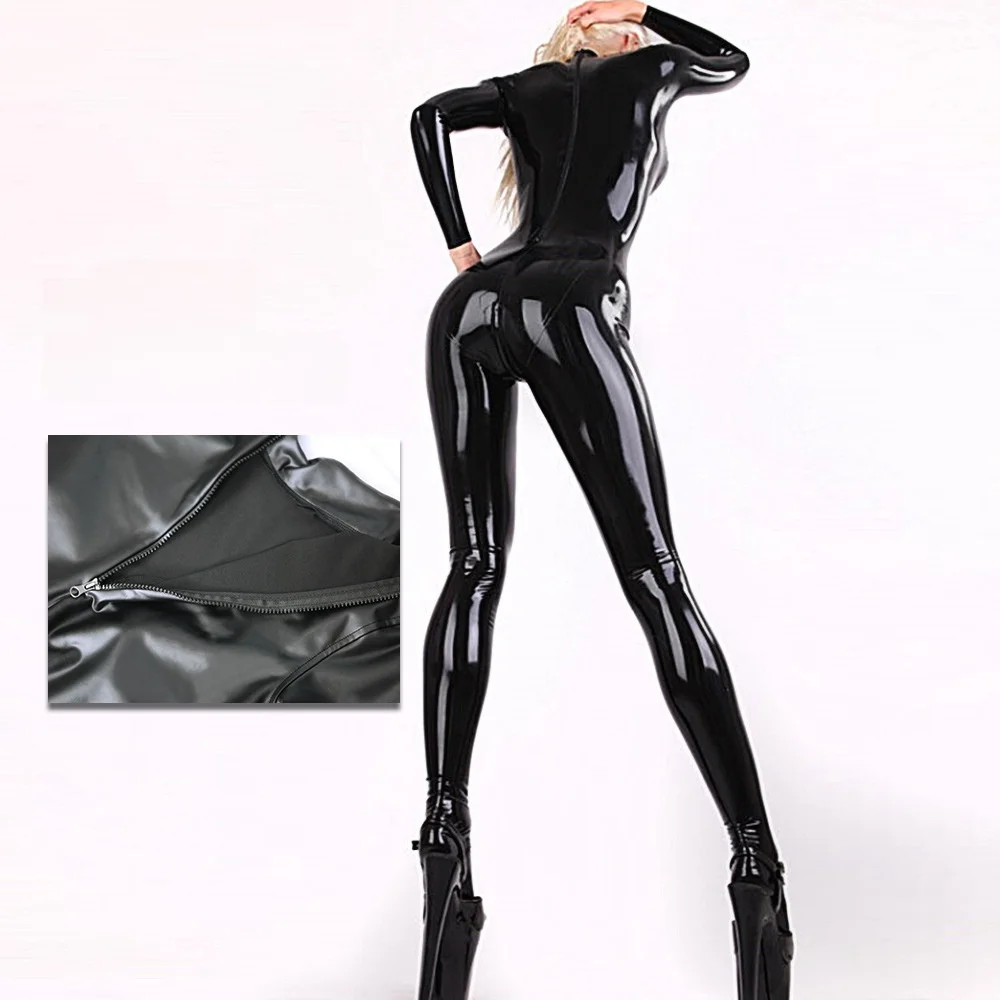 sexy corset tight mirror zipper open crotch jumpsuit leather suit pu bright bodysuit costume erotic black latex