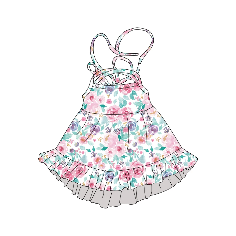 MR067 New arrival Kids girls boutique tie halter floral dress 2-8 years old