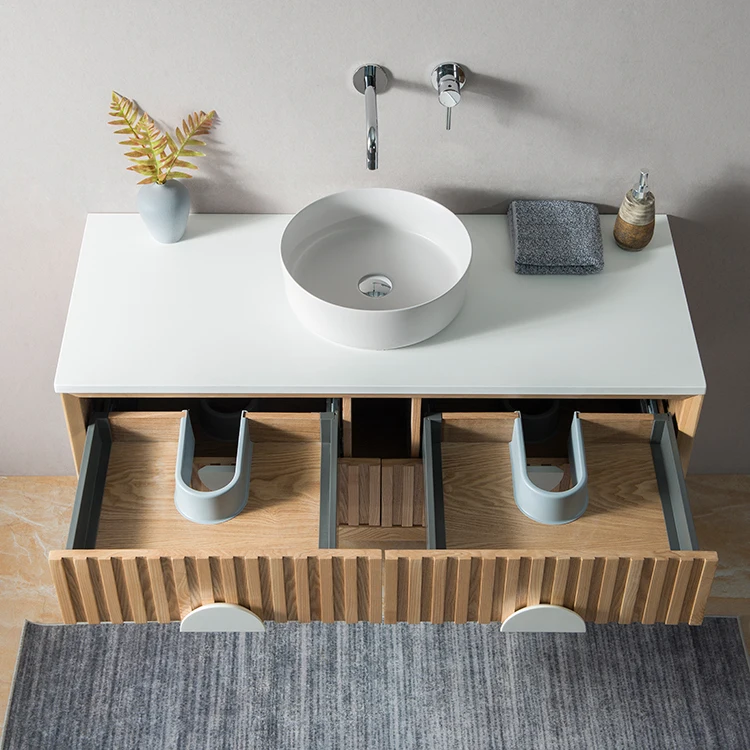 Wall Mounted Solid Surface Solid Wood Double Sink Cabinet Marble Bathroom Vanity