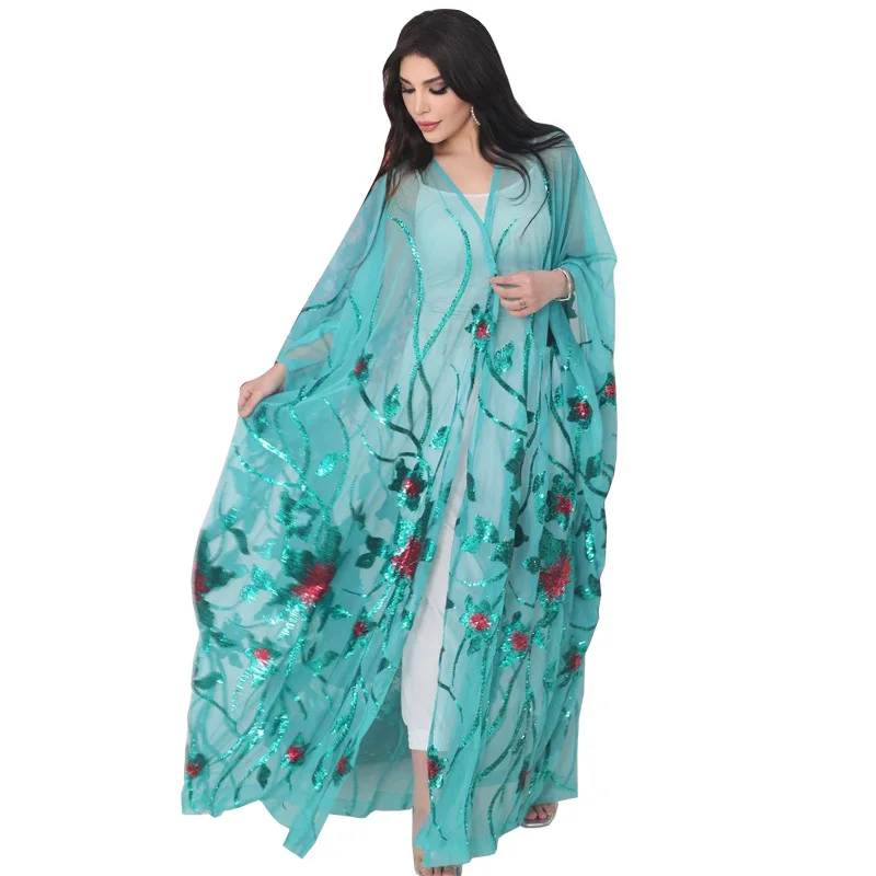 Bat Sleeve Oversized Mesh Bead Embroidery Middle Eastern Fashion Outwear lace abaya designs abaya stocks turkish coat abaya