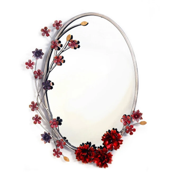 Home Dresser Red Flower Oval Purfle 3D Modern Iron Decoration Cosmetic Mirror