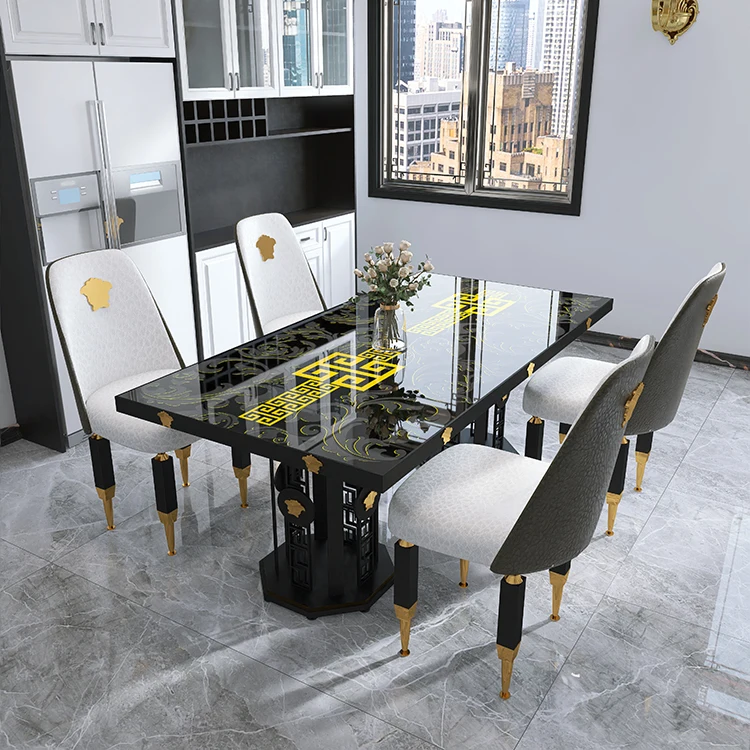 Custom classic flash black gold metal frame dining room table set restaurant furniture home porcelain luxury dining table set
