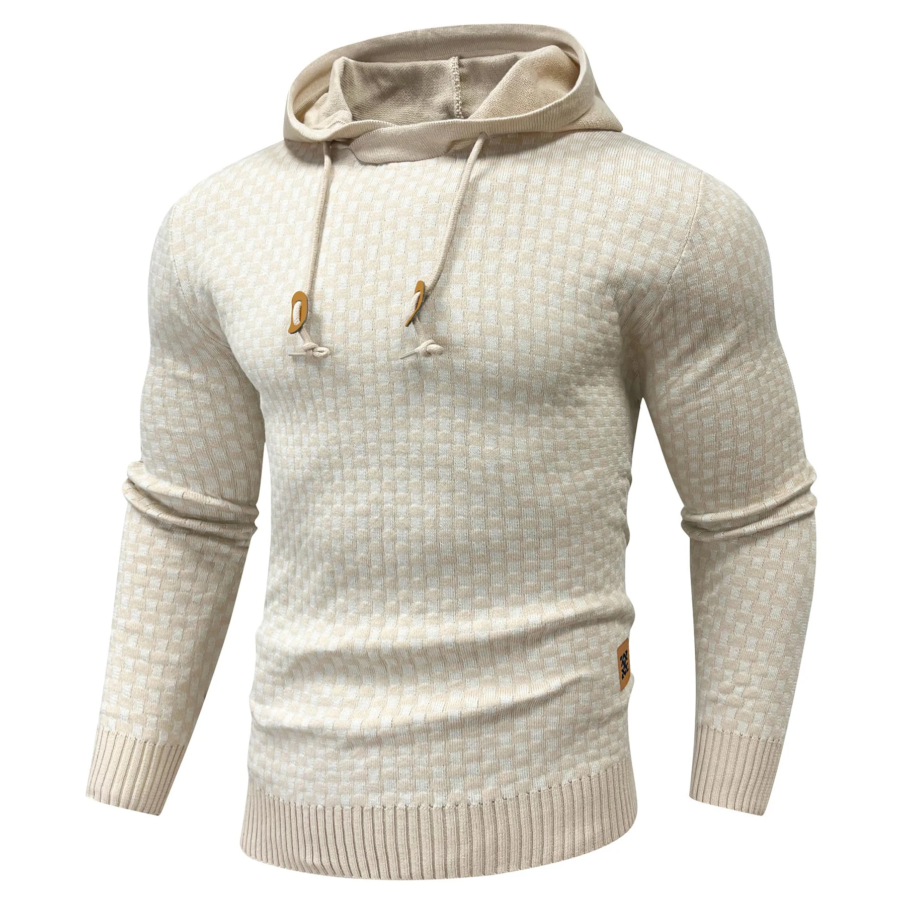 Mens Hooded Sweatshirt Long Sleeve Solid Knitted Hoodie Pullover Sweater