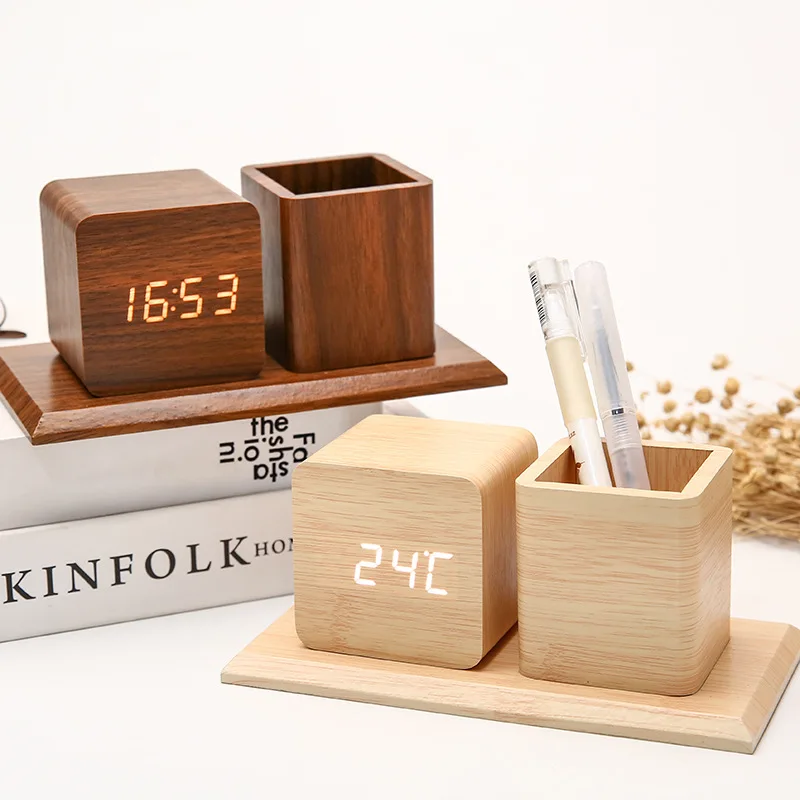 Gift pen holder alarm clock Multi-functional led wood clock simple silent luminous electronic clock