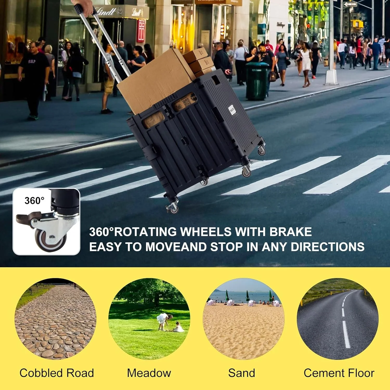 Folding Utility Cart Portable Rolling Crate Handcart Shopping Trolley Collapsible Tool Box, with Lid, Basket on 4 Rotate Wheels