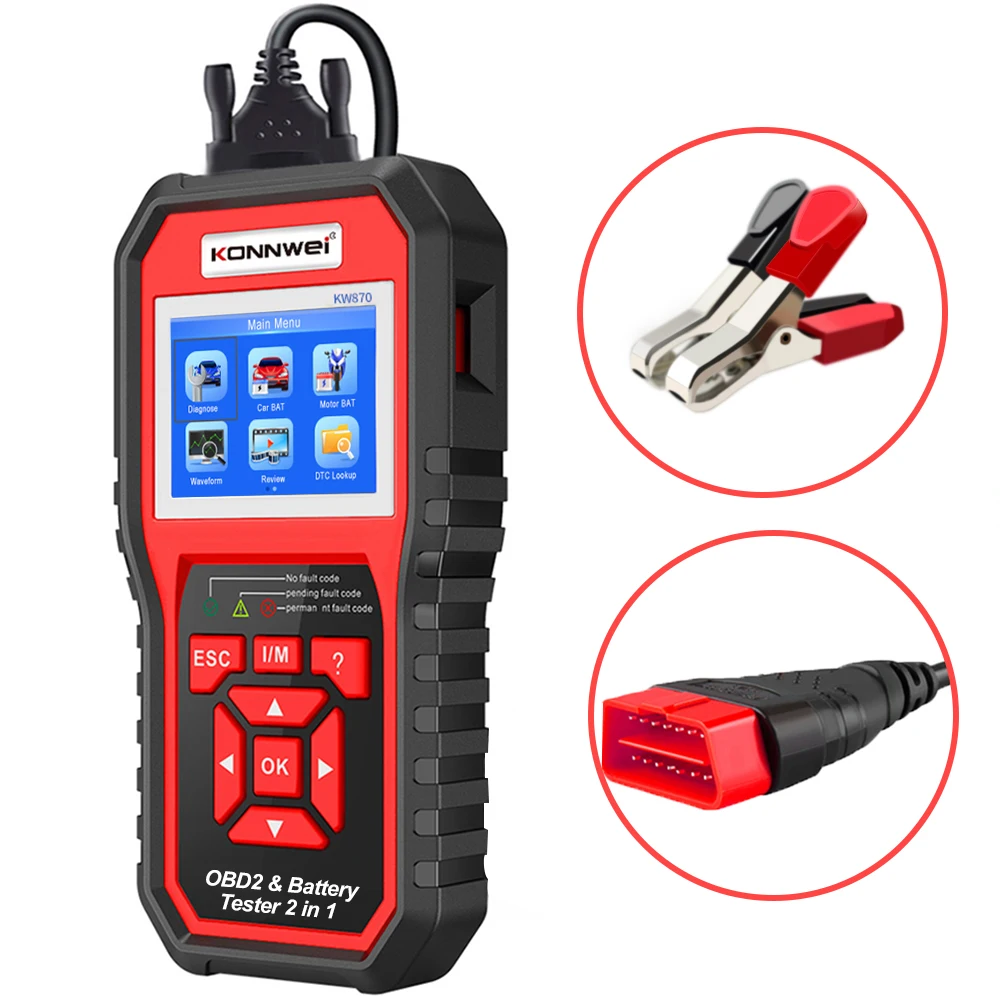 Latest KONNWEI KW870 car OBD2 diagnostic scan tool + battery tester for universal 12V cars