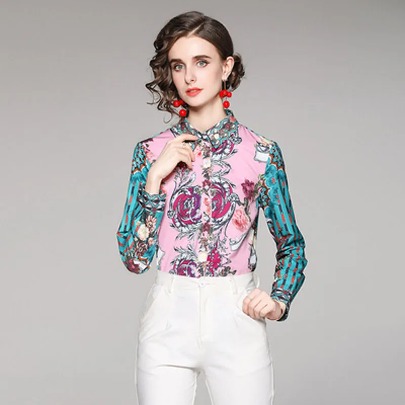 DD1147045#European and American fashion all-match waist waist was thin positioning printing shirt