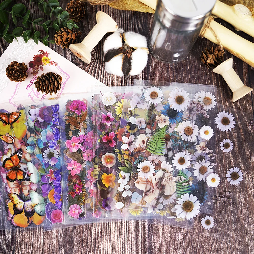 Pressed Flower Themed Stickers Dried Floral Resin Stickers Decals Botanical Journaling planner clear PE Sticker for Junk Journal