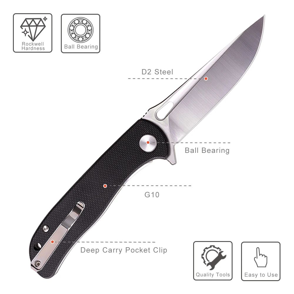 EDC Folding Pocket Knife 3.23-Inch Tanto D2 Blade G10 Handle Utility Knife for Outdoor Camping Multi-Tool