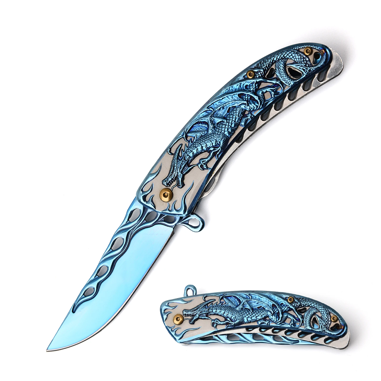 Flame Pattern Hollow Blue-Plated Titanium Steel Blade Dragon Embossing Pattern Titanium Handle Aluminum Pocket Knife