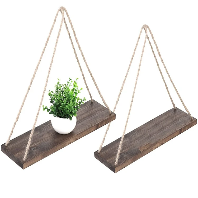 Best selling 17 Inch hanging swing rope floating shelves wood wall decor