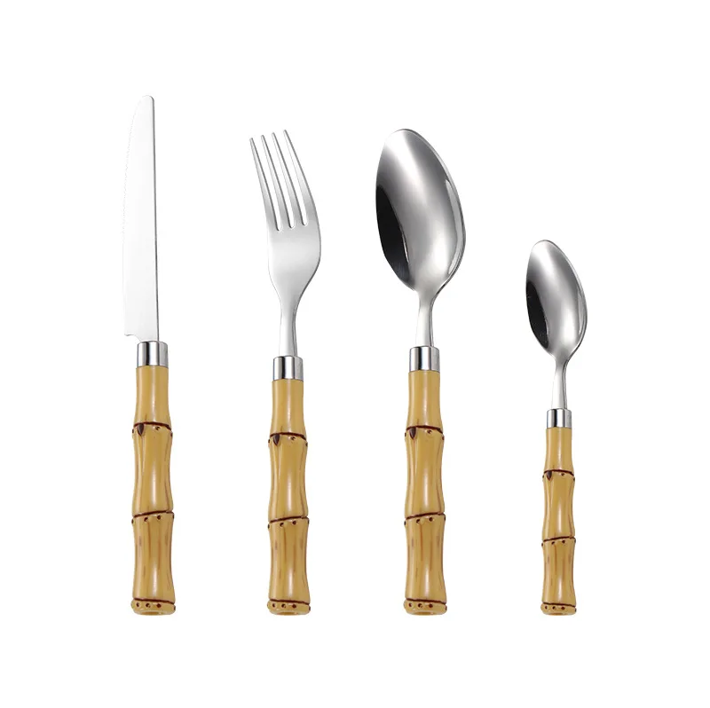 Hot Sale Stainless Steel Knife Fork Spoon with Bamboo Plastic Handle Gold Plated Cutlery Set