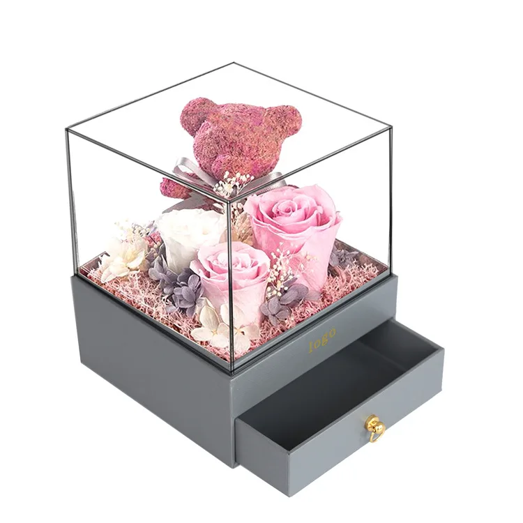
Custom logo transparent acrylic square artificial flower gift box rose flower storage box with drawer 