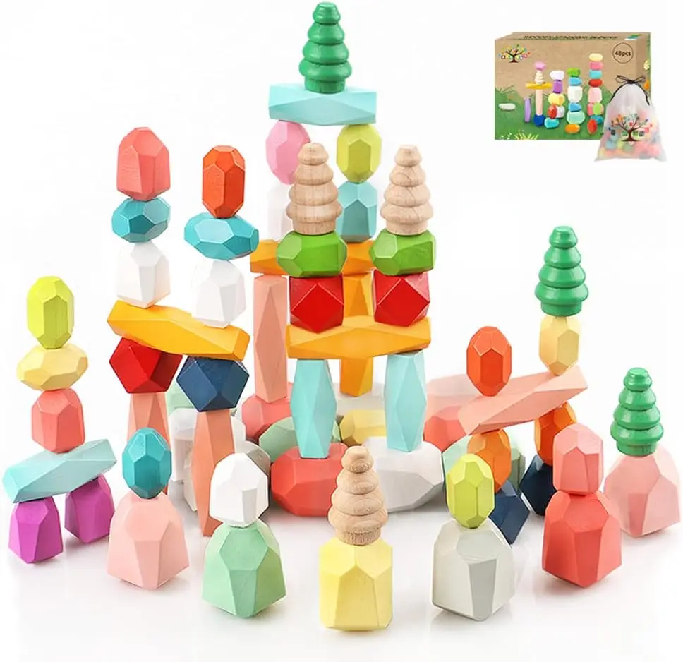 48PCS Wooden Stacking Building Blocks for 1 2 3 4 5 6 Year Old Girls Boys Preschool Educational Sensory Toys for Toddlers 1-3 ST