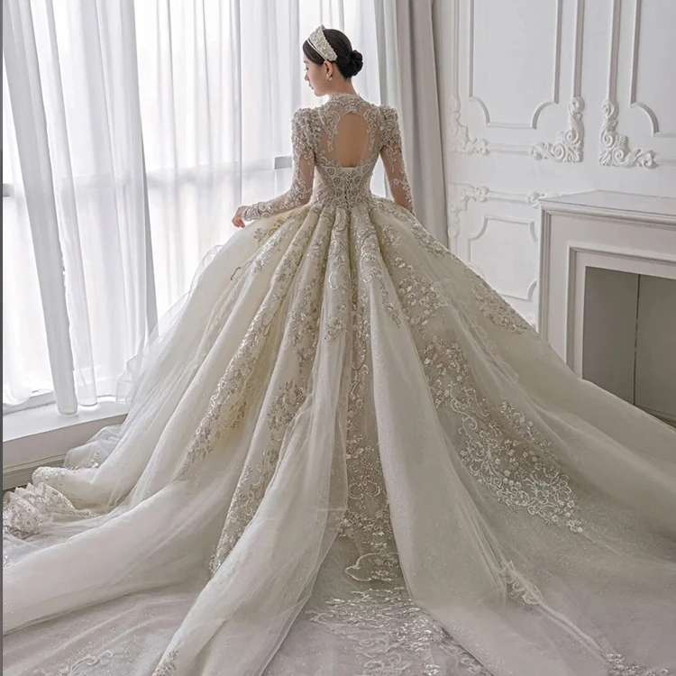 Handmade Lace Mesh Bridal Ball Gown Wedding Dress High Quality Luxury Trailing Wedding Dress