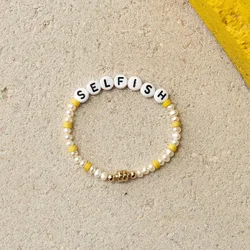 Custom Acrylic Letter Charm Bangle Women Handmade Stainless Steel Natural Pearl Bracelets