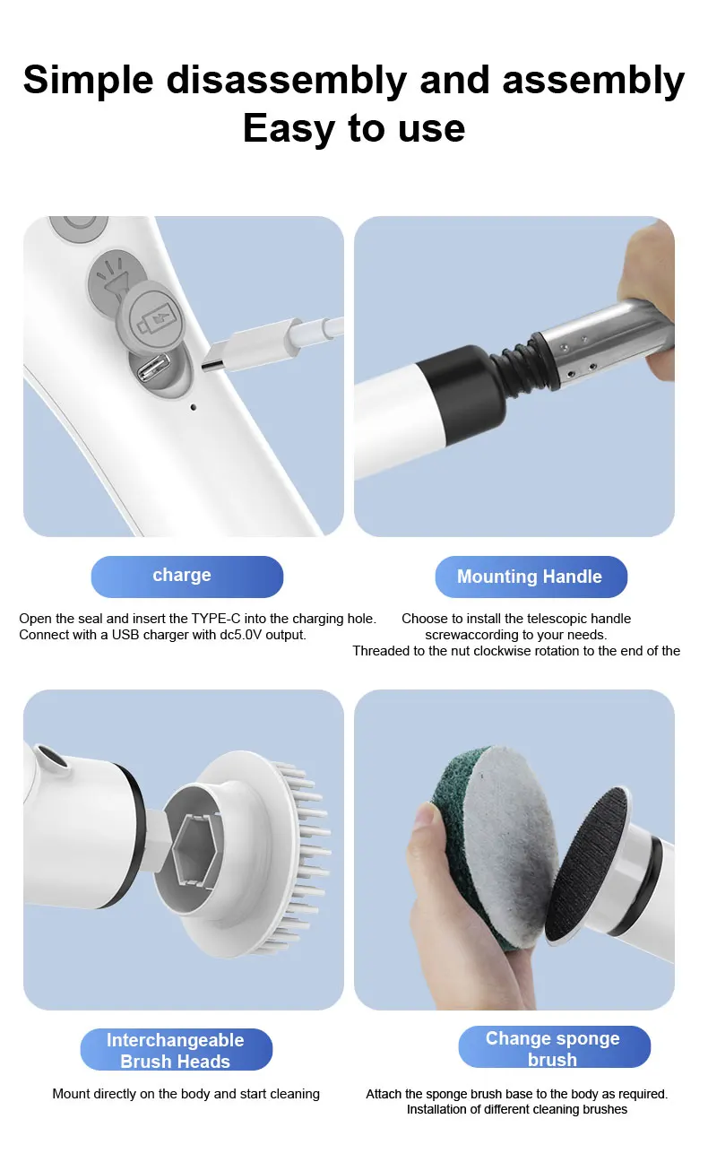 Kitchen Cleaning Tool USB 9 in 1 Cleaner Bathroom Bathtub Clean Brush Spin Scrubber Electric Cleaning Brush to Dishwashing Sink