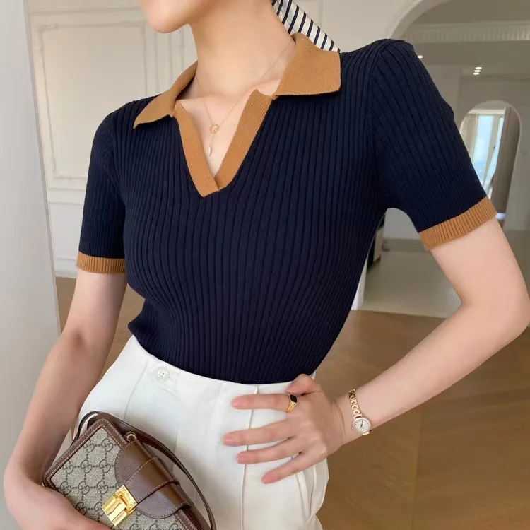 TY990 Wholesale 2024 solid Turn-down Collar short Sleeve knit T Shirt Tops Women Mesh Blouses 7