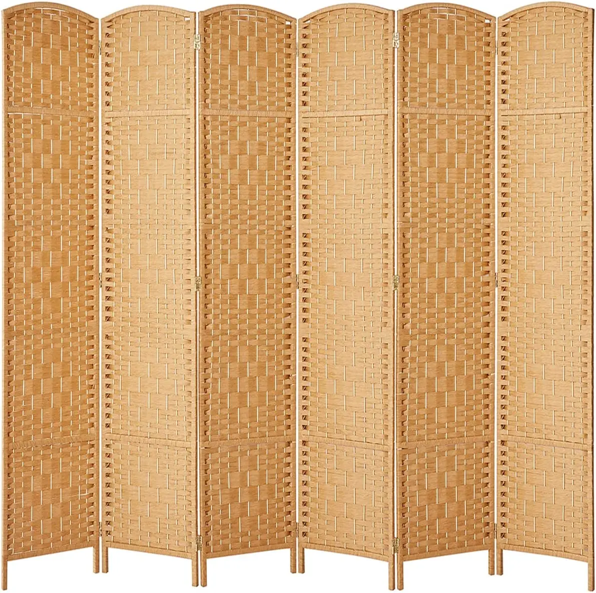 Beige Woven Bamboo Room Divider with Folding Privacy Screens and Partition Wall 2 Display Shelves for Home Art Theme