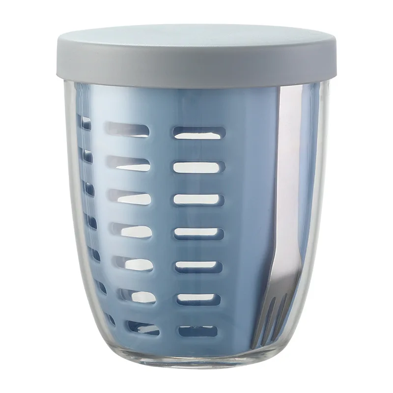 Wholesale Portable double-deck Drainable water plastic fruit cups with 304 stainless steel fork Salad cup Drain tank glass