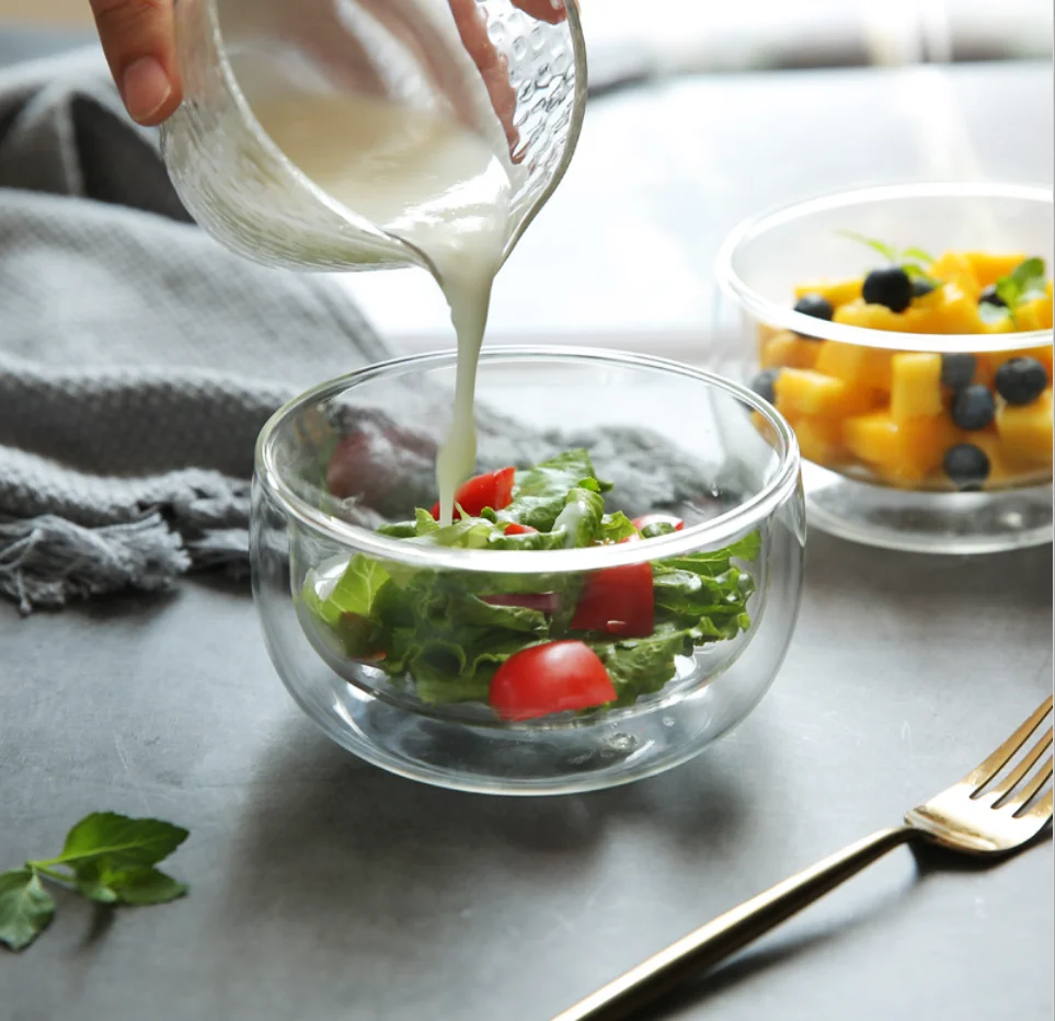 Wholesale 250ml 300ml 500ml 800ml 1000ml High Borosilicate Double Wall Glass Bowl Fruit Salad Bowl