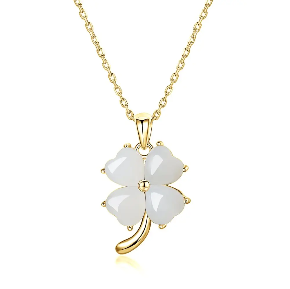 S925 Sterling Silver 18K Gold-Plated Hotan Jasper Fine Exquisite Lucky Four Leaf Clover Clover Pendant Necklaces For Women Lady
