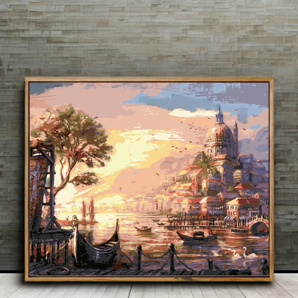 Modern Castle in the Sea Scenery Painting by Numbers Sunset Abstract DIY Decorative Acrylic Printed Art for Europe Comes Brushes