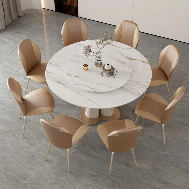 New Modern Home Furniture Stainless Steel Titanium Sealed Glazed Stone Plate Round Marble Table Top Leather Chair Set
