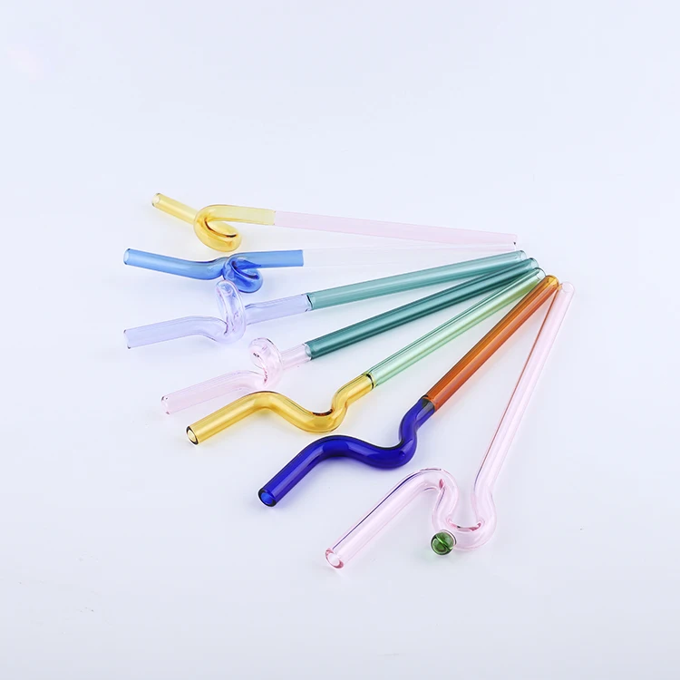 High quality custom reusable cute flower colored bent cupful borosilicate glass straw with charm hook design set