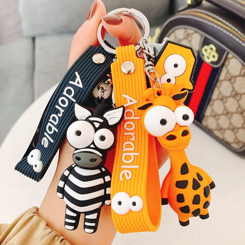 Creative Funny Cartoon 3D Doll Animal Bag Ornament Keychain Big Eyes Lion Giraffe Elephant Ostrich Leopard Bull Charm Pendant