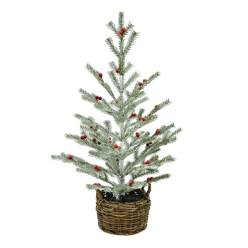 
24' FROSTED FLAT PINE PE CHRISTMAS TREE ARTIFICIAL WITH RED METALLIC BERRIES AND NATURAL LOOKING TRUNK AND WOVEN RAT 