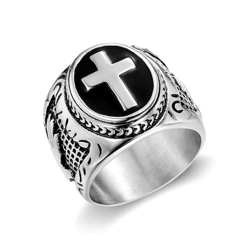 New Fashion Titanium Steel Mens Catholic Religious Christian Prayer Cross Finger Ring Gold Plated jewelry