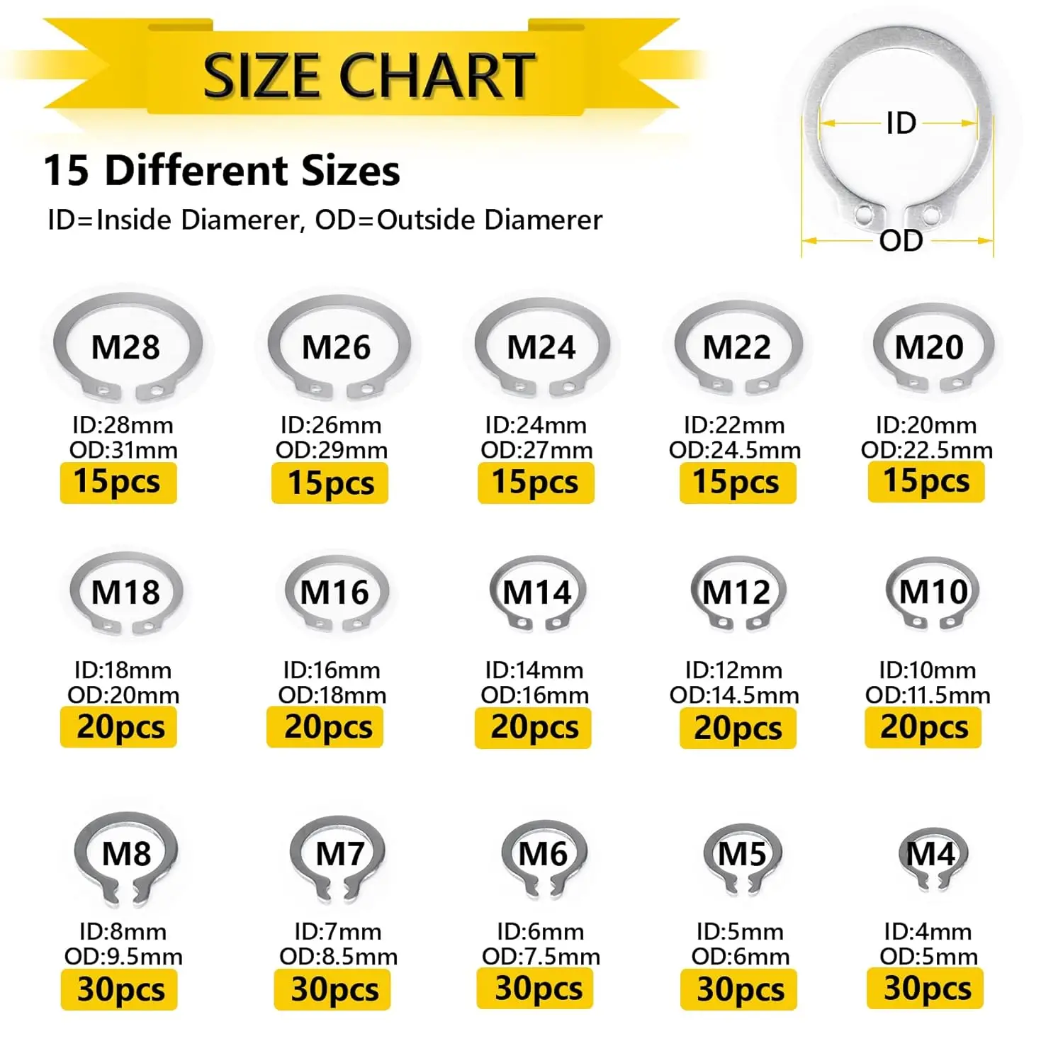 Cisivis Hot Sale 325 PCS Opening Ring Circlips Stainless Steel External Retaining Rings Set for Axles