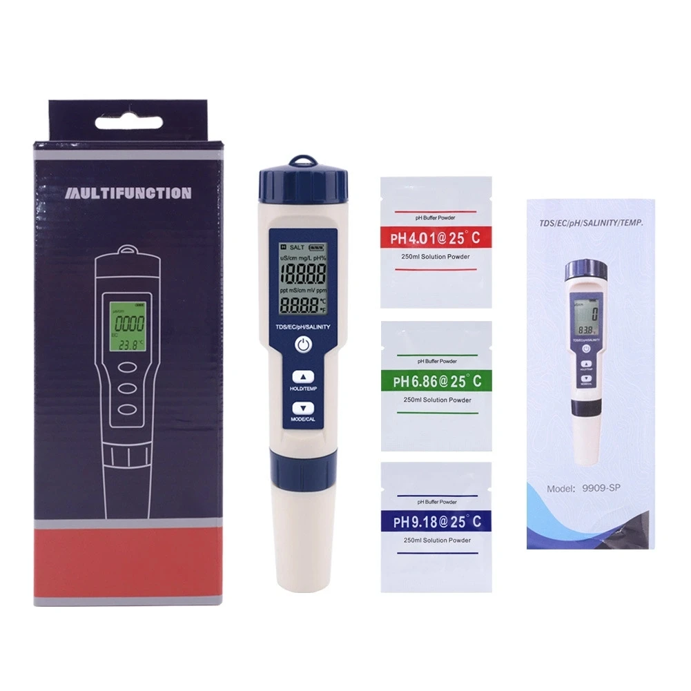 Multi-functions 5 in 1 pH TDS Ec Salinity Temp. Water Quality Tester Ez9909 LCD Screen with backlight from China factory cheap
