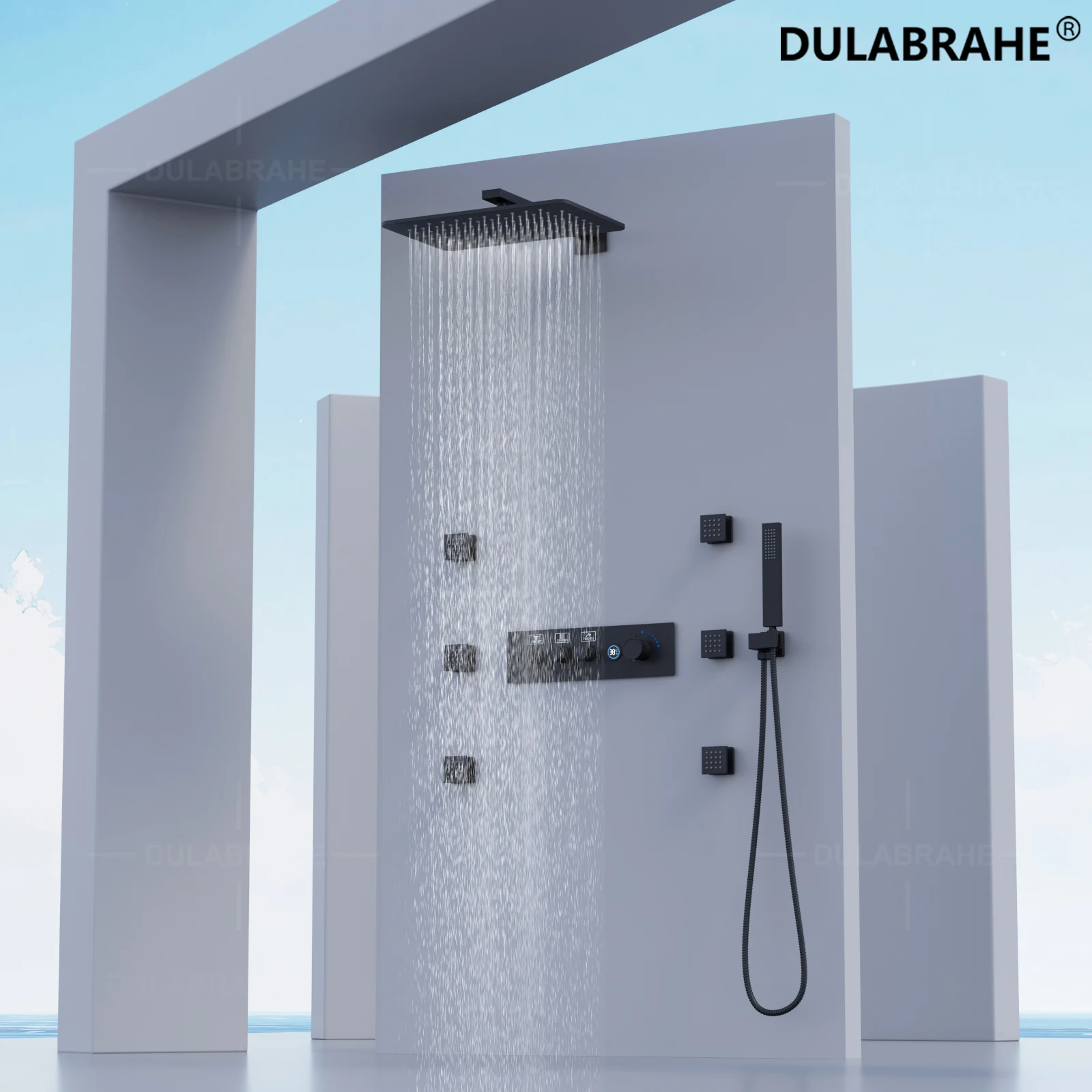 Bathroom Wall Mounted Shower System 280*180mm Thermostatic Digital Display Black Shower Faucet Set With Rain Shower Head