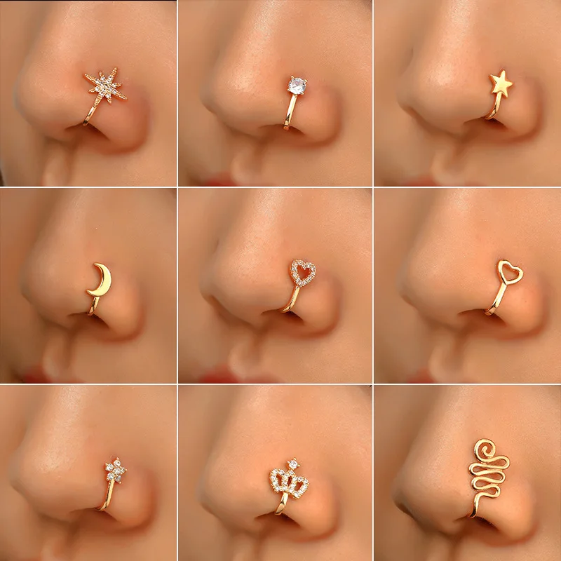 Wholesale 14k gold nose ring zircon star love crown nose clip hinged nose ring